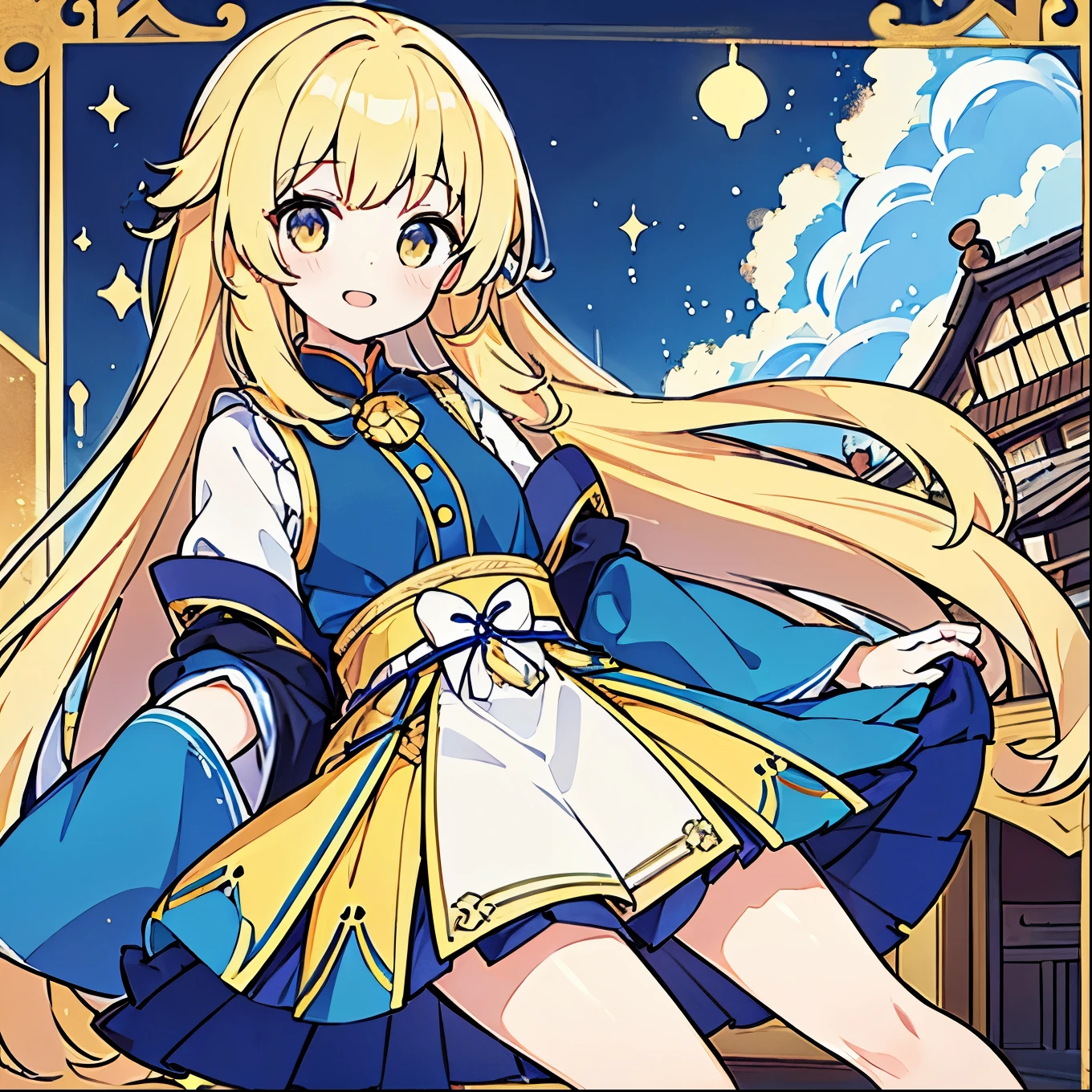 ((best quality)), ((masterpiece)), (detailed), An optimistic girl,Wear a blue skirt with gold trim,有着金色的头发和Golden Eyes,Golden Eyes,blonde,Smile,Stay in a bright, medieval-style house