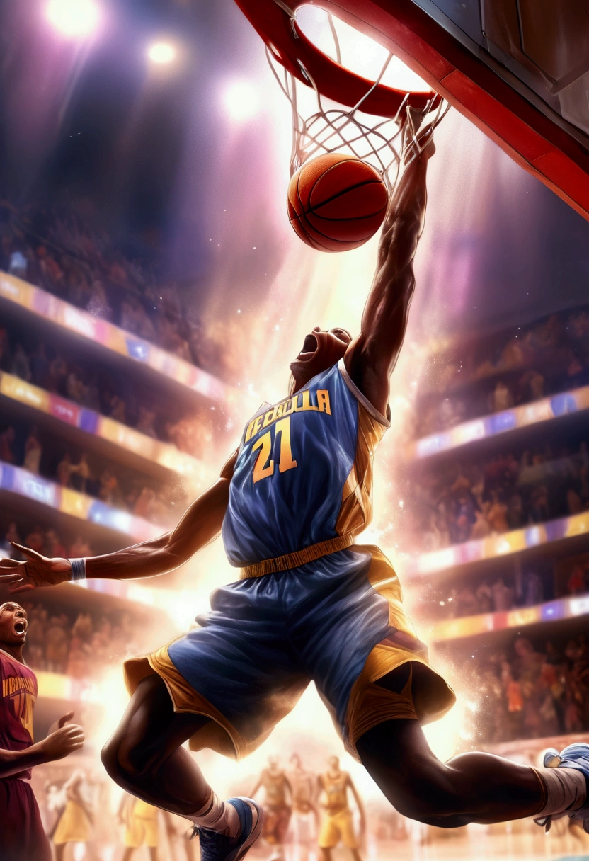 (Game-Winning Dunk, basketball hoop), Capture the ethereal light and shadow in a stunning photograph with selective color details, revealing the hidden poetry of (glowing objects), full body, award-winning, cinematic still, emotional, vignette, dynamic, vivid, (masterpiece, best quality, Professional, perfect composition, very aesthetic, absurdres, ultra-detailed, intricate details:1.3)