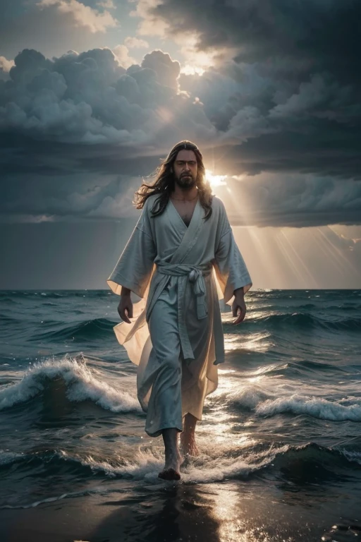 a detailed portrait of Jesus Christ walking on water, realistic photographic style, highly detailed facial features, robes flowing in the wind, dramatic stormy sky with clouds, sunbeams breaking through clouds, ocean waves crashing, cinematic lighting, dramatic atmosphere, vibrant colors, photorealistic, 8k, best quality, masterpiece