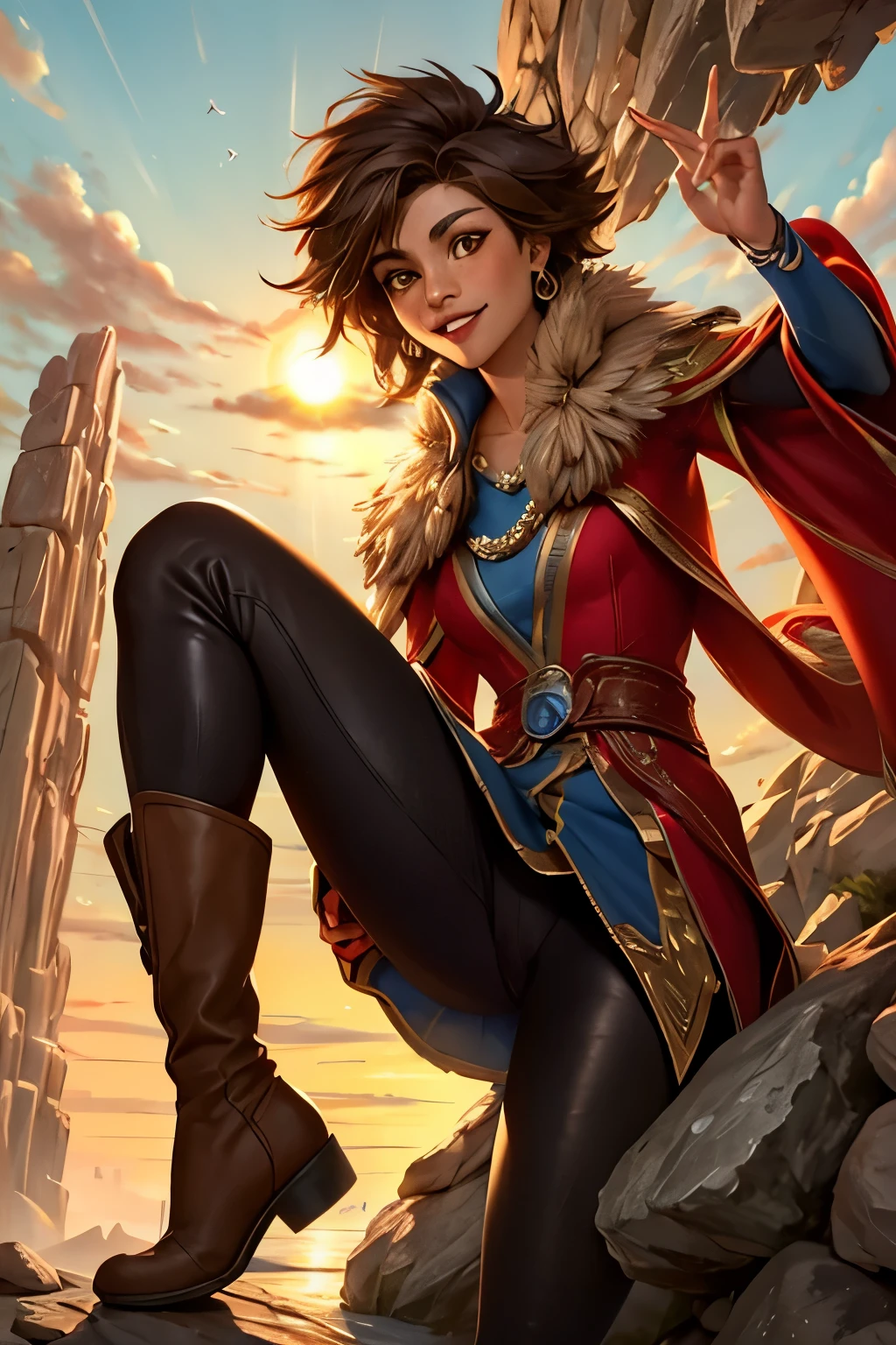 ((best quality)), ((masterpiece)), (detailed), Taliyah, stones in background, smiling, sun shining on her, yellow eyes, light brown tan, freckles, tight brown leggins, light brown knee high leather boots, closed mouth, ,teeth not visible, smiling