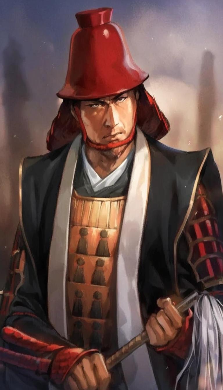 Create an image of Oda Nobunaga, a famous historical figure from Japan, depicted in a brave and cool anime style. He should have a commanding presence, wearing traditional samurai armor with intricate designs. Nobunaga should be standing confidently, perhaps with a fierce expression and a katana in hand. The background can include elements that evoke feudal Japan, such as a battlefield or a castle. The overall tone should be bold and heroic, capturing the essence of Nobunaga as a powerful and influential warlord.