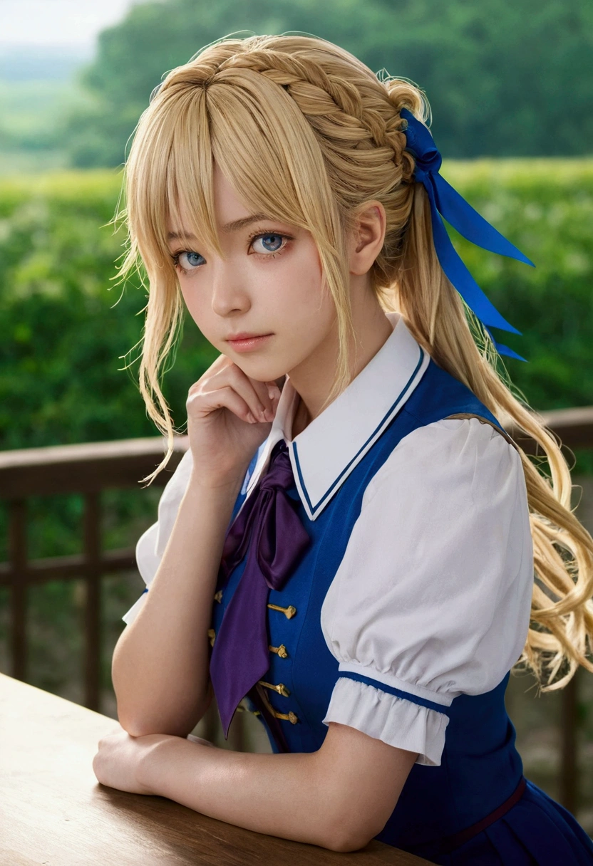 Violet Evergarden,Tabletop, Highest quality, One Girl, alone, Blonde, blue eyes, Hair between the eyes, View your viewers, ribbon, 赤いribbon, Braiding, ヘアribbon, Blue T-shirt, jewelry, bangs, Outdoor, brooch, Hair Intake, Anime Coloring, Ascot, Blurred background, Blurred, ホワイトAscot, wood, Mouth closed, Portraiture, Day Glastory detailed CG, ( Perfect Anatomy),Life、Highly detailed CG, ( Perfect Anatomy),Sense of life