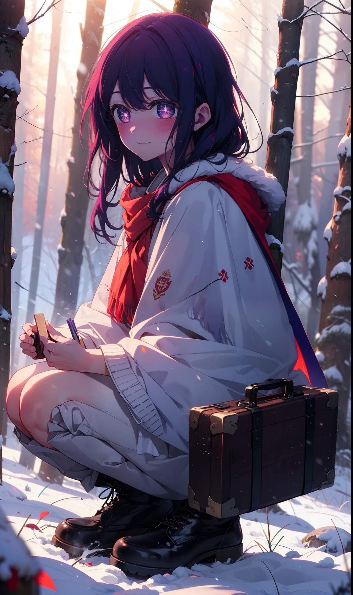 aihoshino, Ai Hoshino, Long Hair, bangs, (Purple eyes:1.1), Purple Hair, (Symbol-shaped pupil:1.5), smile,,smile,blush,white breath,
Open your mouth,snow,Ground bonfire, Outdoor, boots, snowing, From the side, wood, suitcase, Cape, Blurred, , forest, White handbag, nature,  Squat, Mouth closed, Cape, winter, Written boundary depth, Black shoes, red Cape break looking at viewer, Upper Body, whole body, break Outdoor, forest, nature, break (masterpiece:1.2), Highest quality, High resolution, unity 8k wallpaper, (shape:0.8), (Beautiful and beautiful eyes:1.6), Highly detailed face, Perfect lighting, Extremely detailed CG, (Perfect hands, Perfect Anatomy),