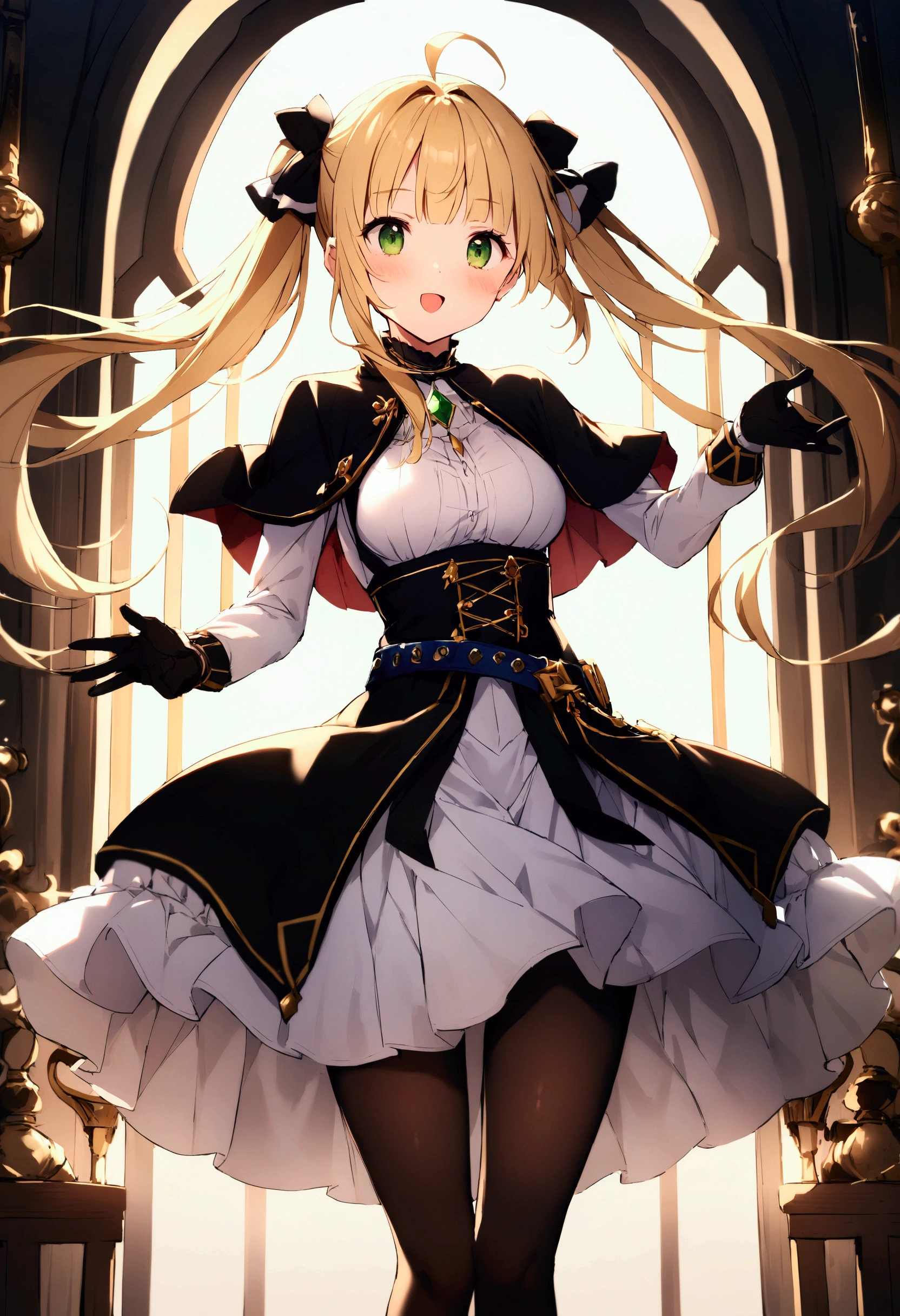 score_9、score_8_up、score_7_up、score_6_up、score_5_up、score_4_up、source_アニメ、One girl、Slim body、Medium chest、、Castoria、Green Eyes、Blonde、Twin tails、Ahoge、Hair Bow、Caster2、C2_Hair Bow、C2_gloves、C2_hat、C2_pantyhose、C2_dress、C2_belt、C2_Capelet、黒gloves