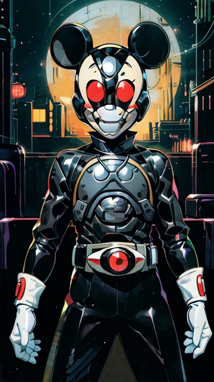 (8k),(masterpiece),(Japanese),(8-year-old boy),((innocent look)),((Childish)),From the front,smile,cute,Innocent,Kind eyes,Flat chest, black helmet, white domino mask, Mickey mouse,Bald,No Hair, Henshin Pose,night,dark, Neon light cyberpunk city,Kamen rider,camisa