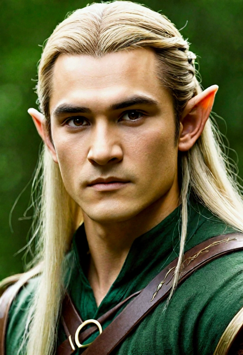 Legolas based male elf, half east asian half european, high cheek bones, olive skin, long dark brown hair with blonde hair streaks, dark brown eyes, masculine but soft, strong jaw, kind eyes, green shirt, 6ft tall, aged 20, small nose, beautiful