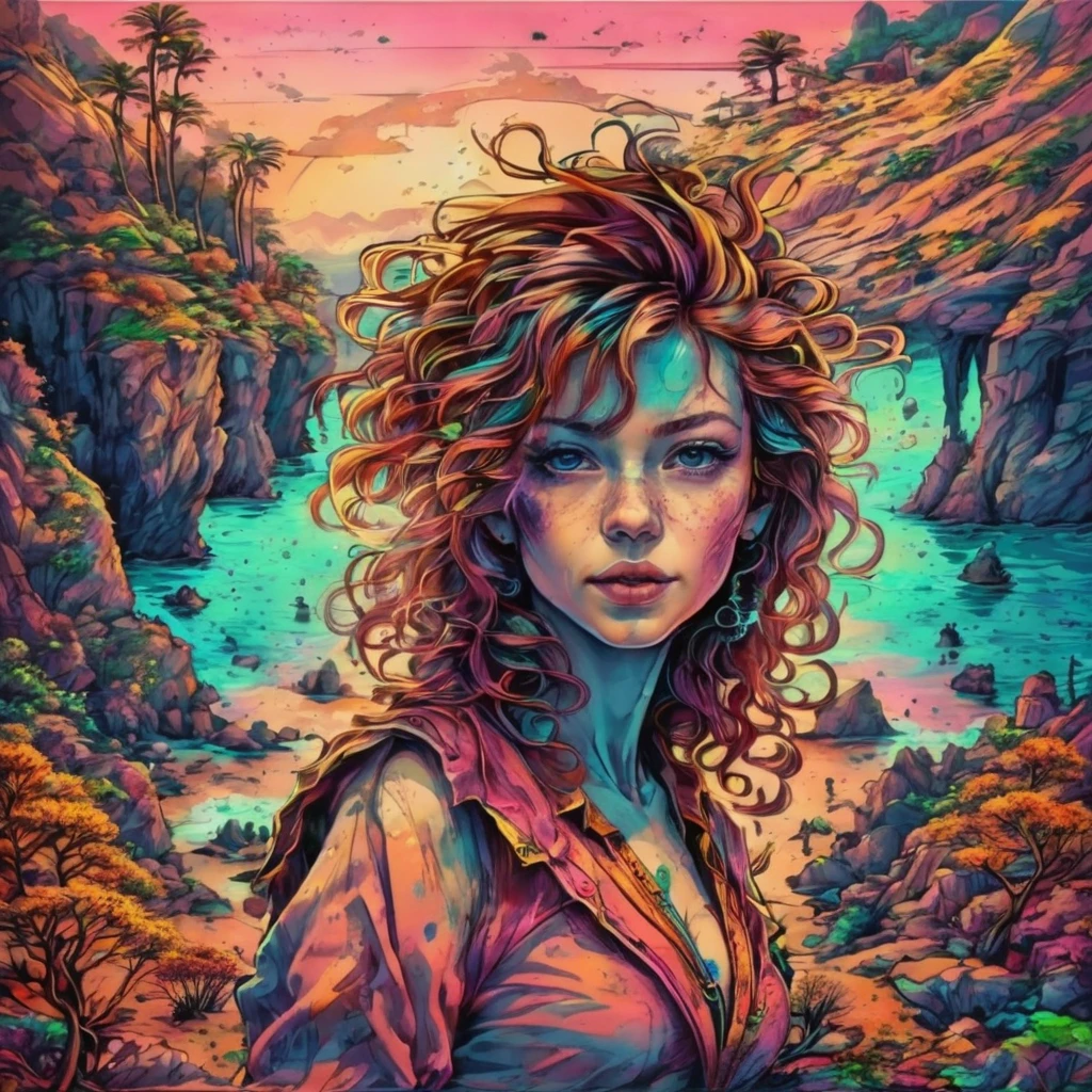 A girl who travels freely between the present, passado, e futuro.、fine arts、frightful、beautiful  face、beautiful posture、lindos cabelos longos fullcolors、Depth of subject、detailed portrayal、tabletop、(flat-colors:1.3)、(fullcolor:1.8)、