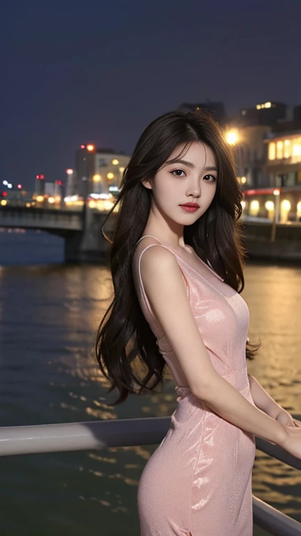 1 Girl,Small bridge,Soft Light,Chinese Beauty,Tight Fit,Pink dress,,Dark-haired,long hair
