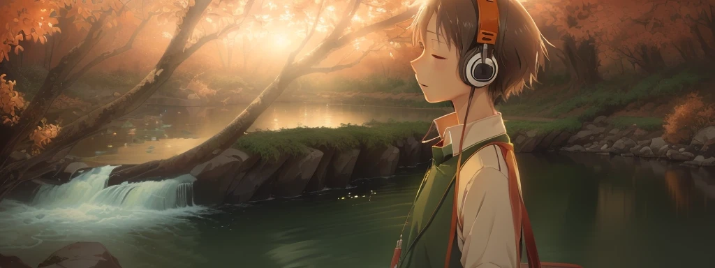 Animated scene with a man wearing headphones standing in front of a river, Natsume Yuujinchou, koto no ha no niwa, Today's featured anime is still, A still from the anime, yama no susume, From the TV anime, Anime stills, 2 0 1 9 anime screenshots, Beautiful peaceful scene in anime, Anime Rush John 8k Woods, In anime movies
