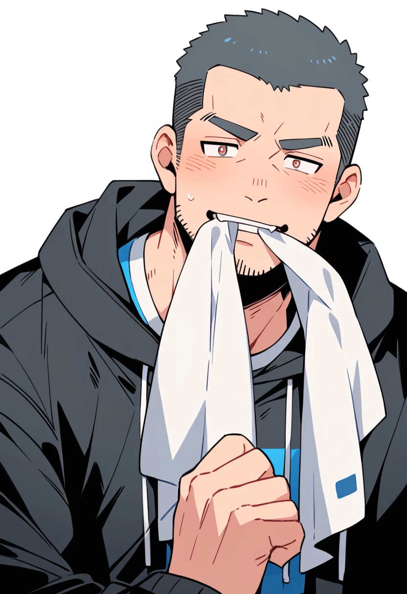 anime characters：Priapus, Muscle Sports Student, Buzz Cut, Manliness, male focus, Sports tight hooded sweatshirt, Very tight, full and perky chest muscles, muscular male, muscular, only, Upper body, alone, Black short hair, Thick eyebrows, stubble, Brown-red pupils, White background, simple background, amazing quality, best aesthetics, Ridiculous, crew cut, blush, mouth hold, Biting a white cotton towel in the mouth, embarrassed, shy, endured face, negative space, best quality