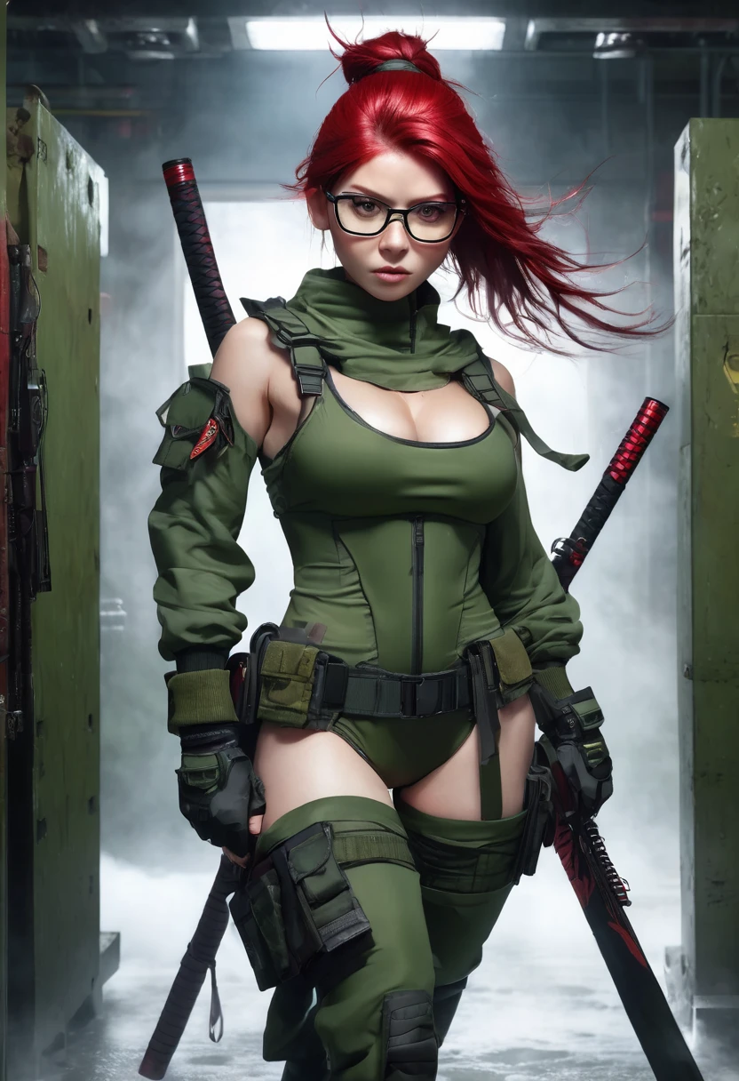 1 woman, inside a manual weapons room, wearing a moss green ninja outfit, detailed facial features, red and feminine eyes, detailed white skin, chopped scarlet red hair, soft expression, prescription glasses on her face, image showing full body , dramatic lighting, big breasts, cinematic composition, cold and dark color palette, atmospheric fog, strong body, thin chin, (best quality, 4K, 8K, high resolution, art: 1.2), ultra-detailed, (realistic, photorealistic , photorealistic: 1.37)