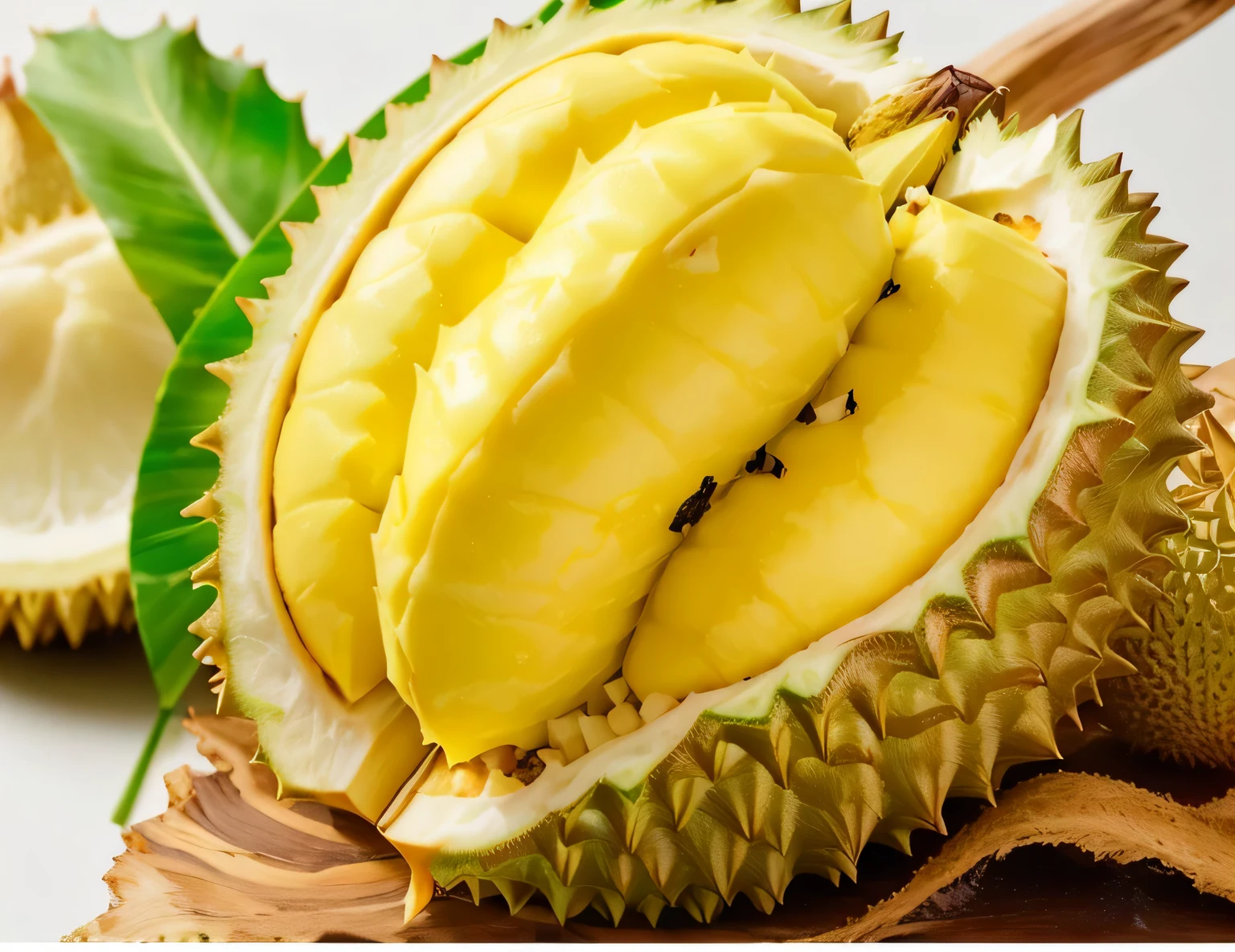 a close up of a durian fruit with a leaf on it, tropical fruit, 🐿🍸🍋, malaysian, high quality product image”, f 1. 7, f1.7, super sayan, excellent quality, sf, victo nga, highly quality, f 2. 0, jungle fruit, warm, bao phan, extremely high-quality, mega