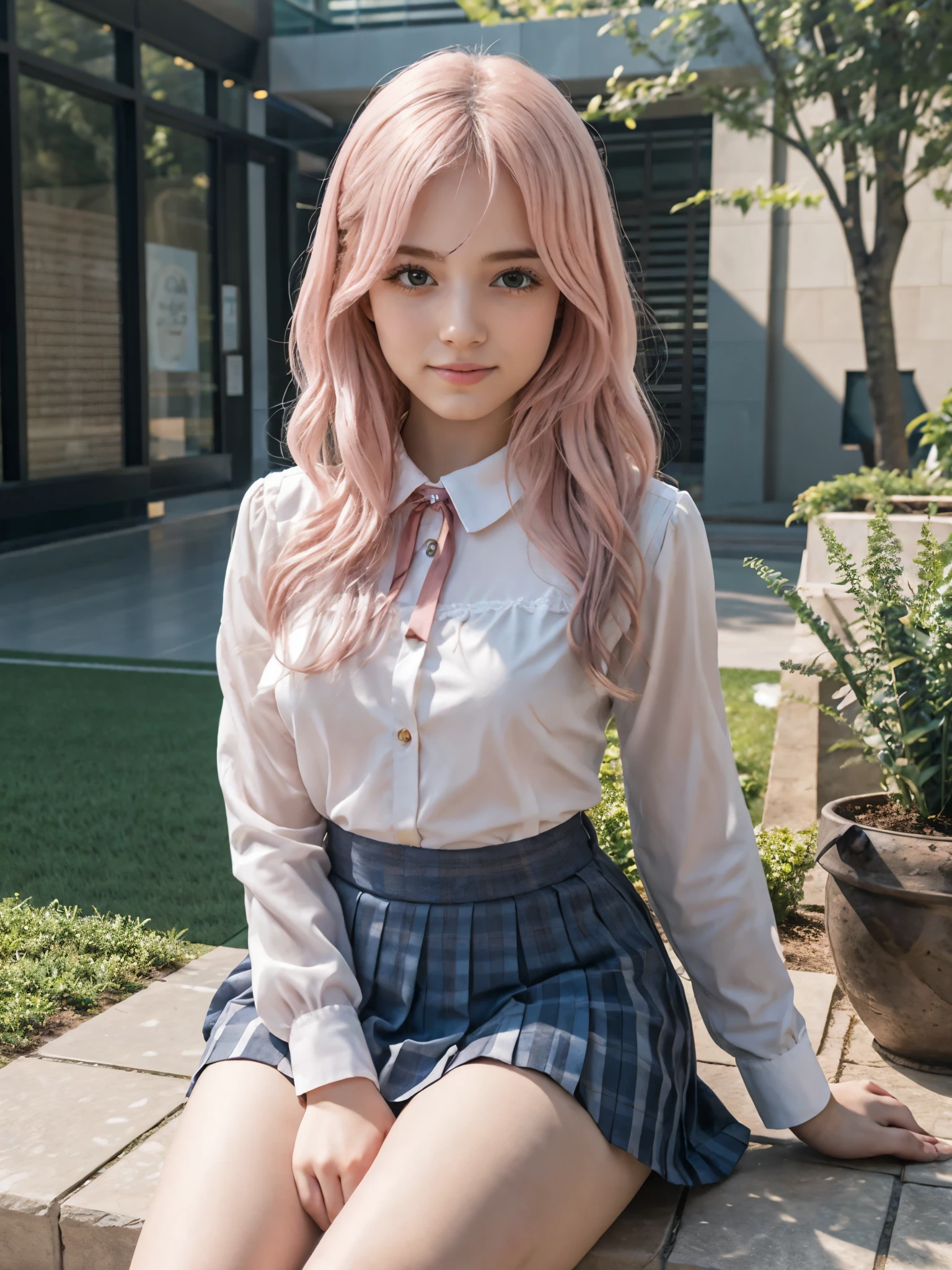 1girl, focus on girl, seifuku, white blouse accentuated with red ribbon on collar, short pleated skirt, sitting, thigh, very straight hair, very long pink hair, detailed face, (blush:1.2), looking at viewer, placing both of her hands on thigh, ((curvilinear parametric architecture:1.2), tesselated facade, front street view, low-rise building, theatre stadium, manufactured goods, ground breaking design, integrated greenery, vertical garden, green facade, biophilic design, sustainable architecture, nature-inspired elements, harmonious blend with environment:0.8),