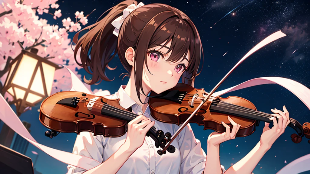 Brown Hair、ponytail、Pink Eyes、Girl playing the violin、Starry Sky