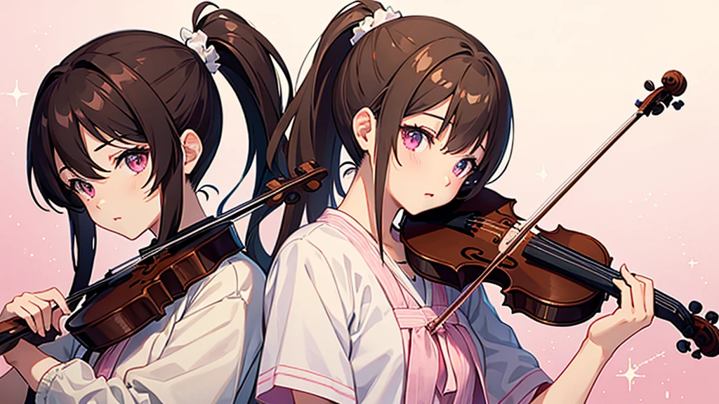 Brown Hair、ponytail、Pink Eyes、Girl playing the violin、Starry Sky