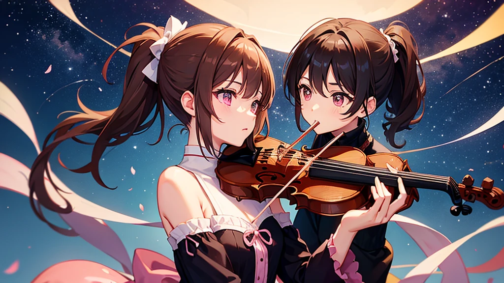 Brown Hair、ponytail、Pink Eyes、Girl playing the violin、Starry Sky