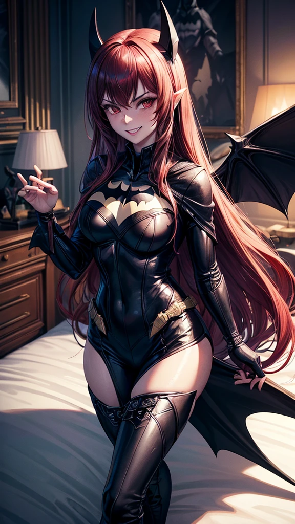 Batman,(Unity 8K CG wallpaper with extreme details, work of art, highest quallity),cor branca com vermelho Batman,mulher Batman, feminine,long hair,elegant bed, enhanced details, sinister grin,Caucasian skin