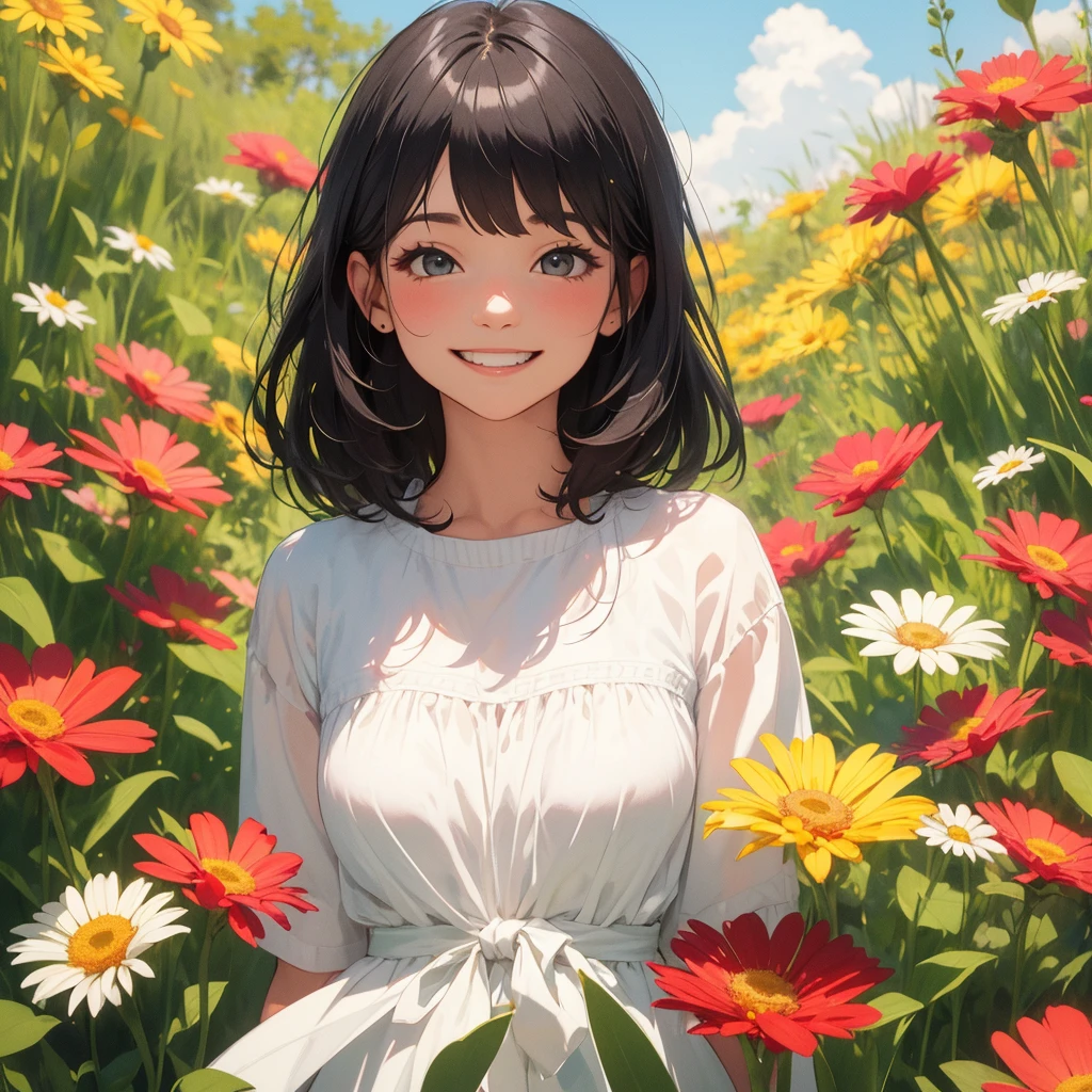 (masterpiece), (Very High Resolution), (Very high quality), Surrounded by flowers,One girl,Upper Body,smile,Eyes are smiling,A big smile,Black Hair,Bob