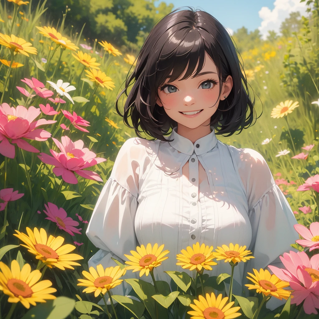 (masterpiece), (Very High Resolution), (Very high quality), Surrounded by flowers,One girl,Upper Body,smile,Eyes are smiling,A big smile,Black Hair,Bob