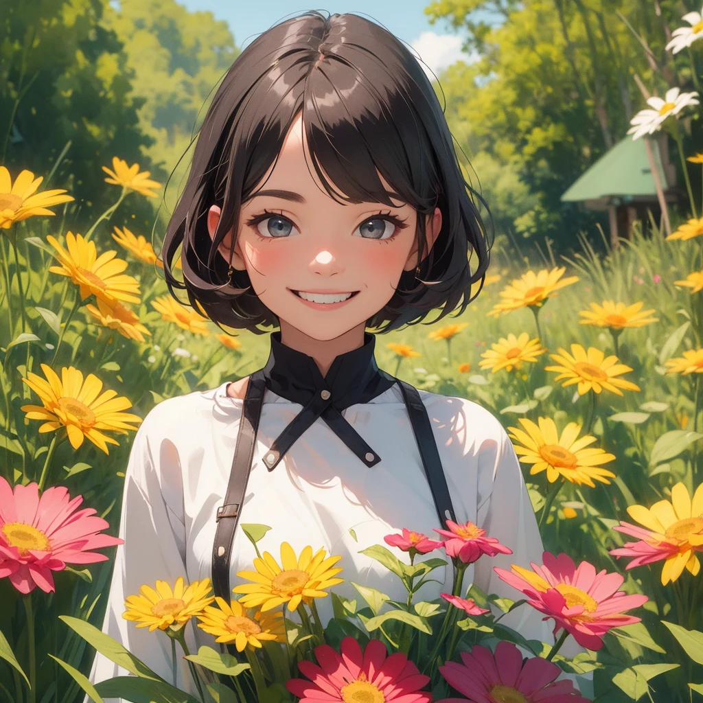 (masterpiece), (Very High Resolution), (Very high quality), Surrounded by flowers,One girl,Upper Body,smile,Eyes are smiling,A big smile,Black Hair,Bob