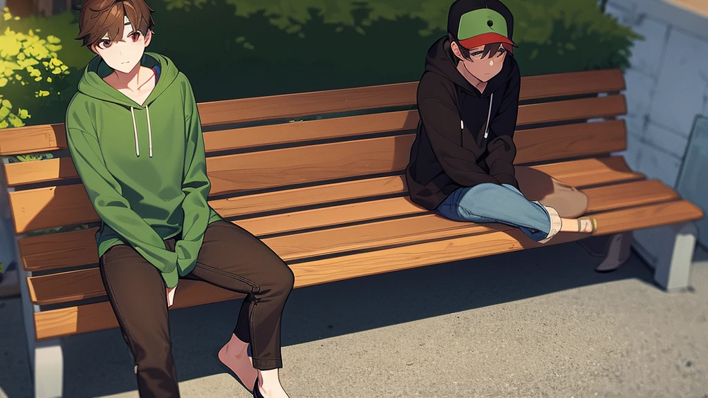 brown haired boy sitting on a bench. Wearing jeans, a green hoodie, and a cap.. red eyes. side composition