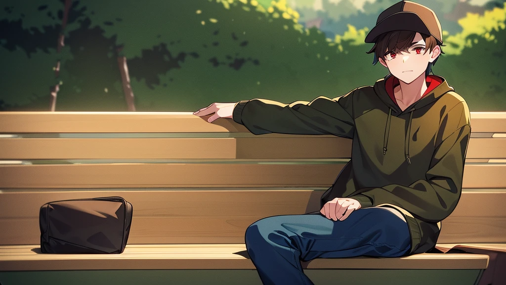 brown haired boy sitting on a bench. Wearing jeans, a green hoodie, and a cap.. red eyes. side composition