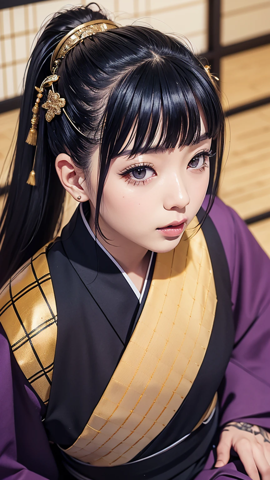 masterpiece, Highest quality, A solemn Japanese-style room with tatami mats, A large photograph of a woman from head to waist, (Close up on face:1.5), (Punk rock kimono, black地に赤+gold:1.3), Squatting and spreading legs, Open your mouth, (black+Purple hair color, Mid-length hair, Twin tails), (blackい瞳, Sparkling eyes), (Long eyelashes, Eyelash extensions), (Hunched back and leaning forward:1.3)
