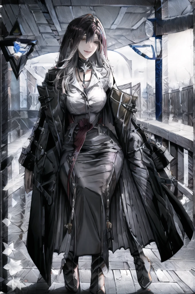 (full-body shot:1.4)1 Girl, Solitary, Long hair, Smile, jacket, monochrome, Grayscale, Necklace, Head tilt, looking off to the side, Flowing hair, look down,Huge breasts,(Glowing skin:1.15),(Mature female:1.2),Shalom, Visible throughout the body,Perfect legs,High heel