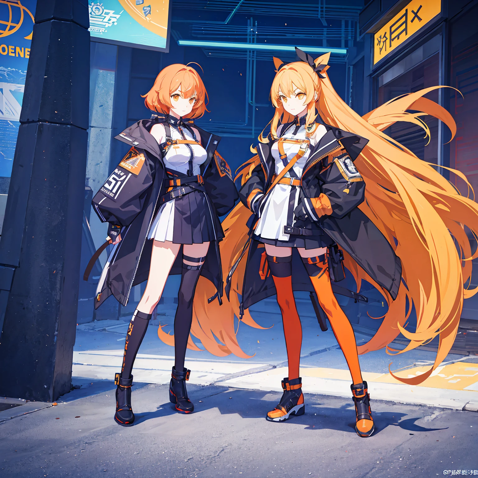 ((Full body photo, standing, feet on the ground)) 3 girls, a concept art design for an orange vtuber, detailed design, super unique, full body, fashion