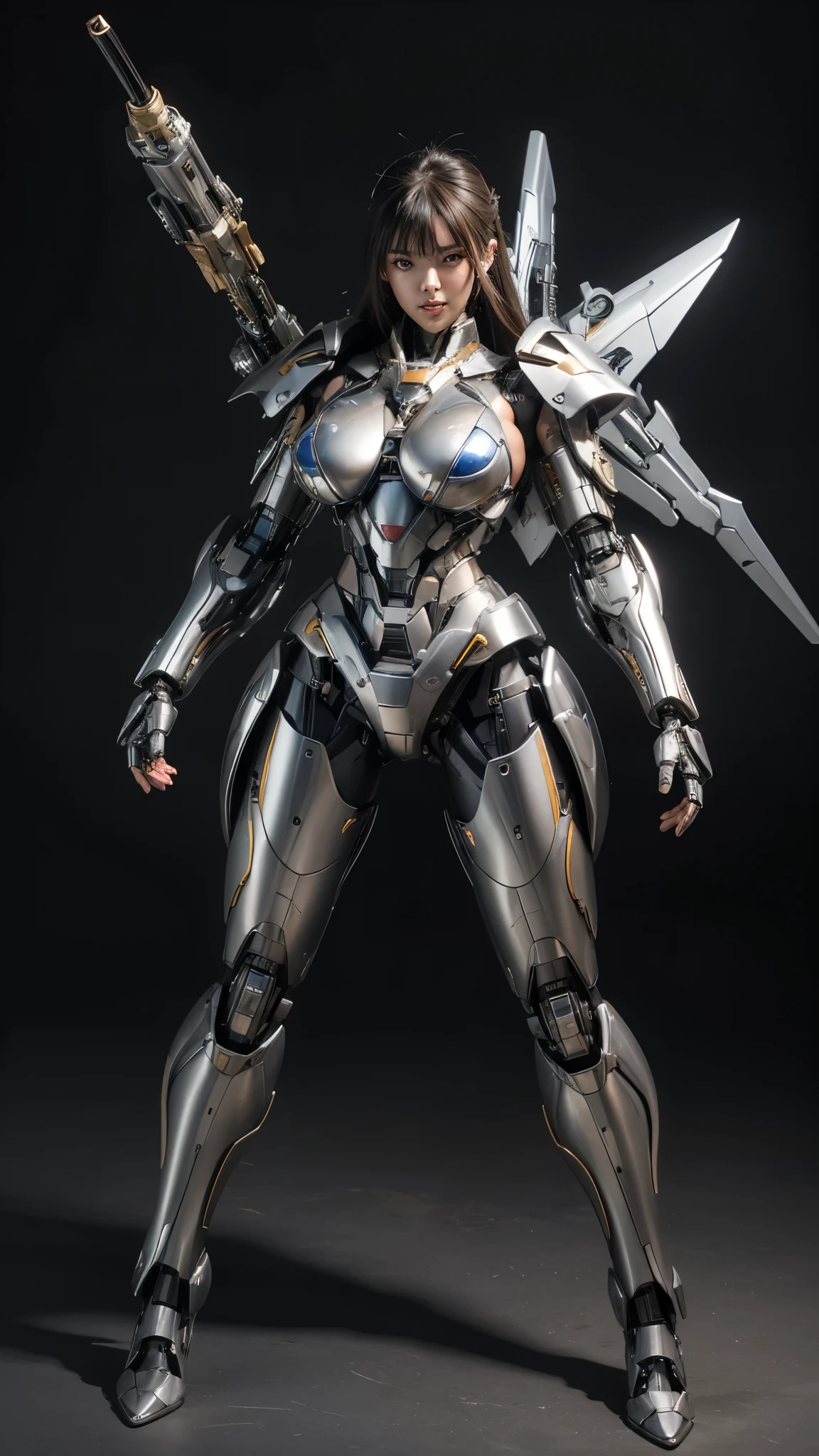 Textured skin, Super Detail, high details, High quality, Best Quality, hight resolution, 1080p, hard disk, Beautiful,(Super Heroine),Oppai Missile,beautiful cyborg woman,Mecha Cyborg Girl,Battle Mode,Girl with a Mecha Body,She wears a battle cyborg mech with a weapon,Fulll body Shot