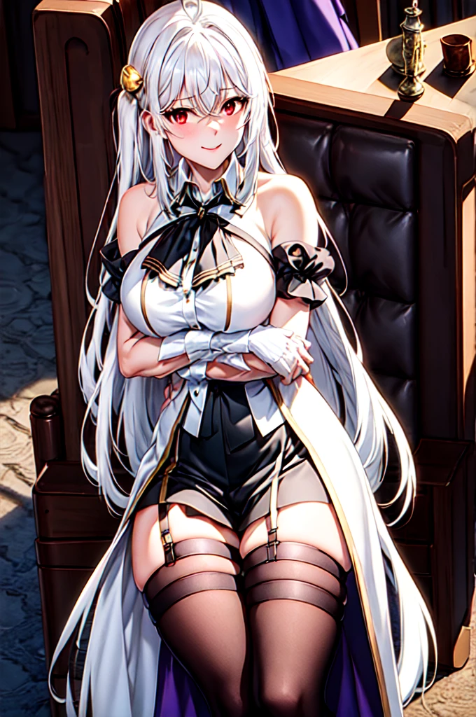 ninym ,masterpiece, glowing light,large breasts, perfect lighting, looking at viewer, flirty, 1girl, mature female,cowboy shot,thighs, white hair,gradient hair,red eyes, gradient eyes, glowing eyes, black thighhighs, thigh straps, white shirt, black bowtie, white gloves, ahoge, purple sleeves, (simple background), white background, gradient background, light smile, crossed arms, sitting, crossed legs