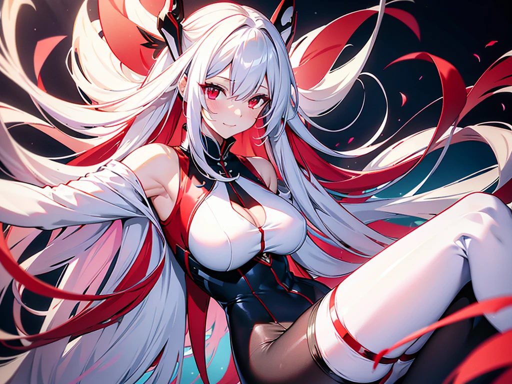 long pure white and red mesh hair, high resolution, ultra-sharp, 8k, work of art, Grinning, dreamy psychedelic anime, busty, shiny black pantyhose, beautiful illustration, best qualityer, beautiful little, beautiful detailed red eyes, cinematic lighting, gazing at viewer