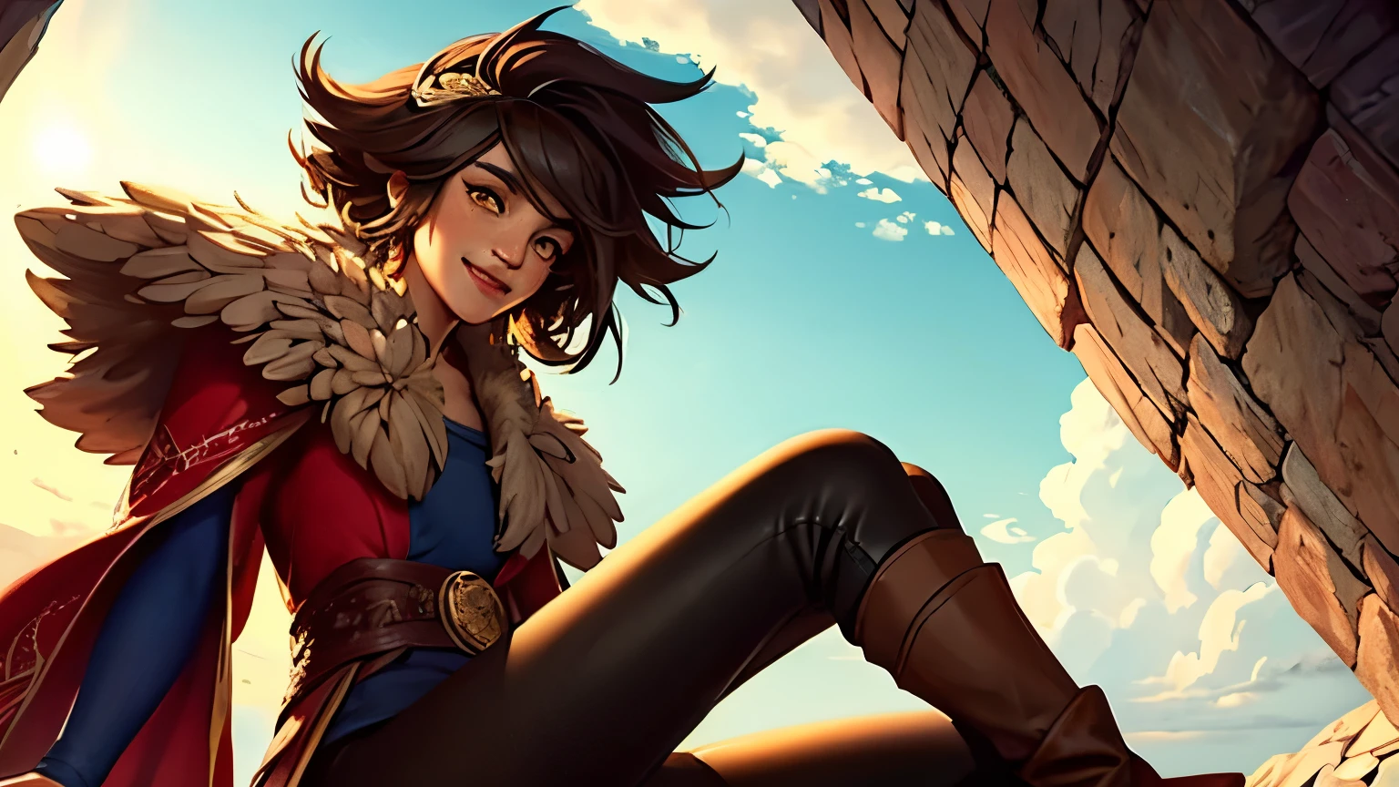 ((best quality)), ((masterpiece)), (detailed), Taliyah, stones in background, smiling, sun shining on her, yellow eyes, light brown tan, freckles, tight brown leggins, light brown knee high leather boots, closed mouth, ,teeth not visible, smiling