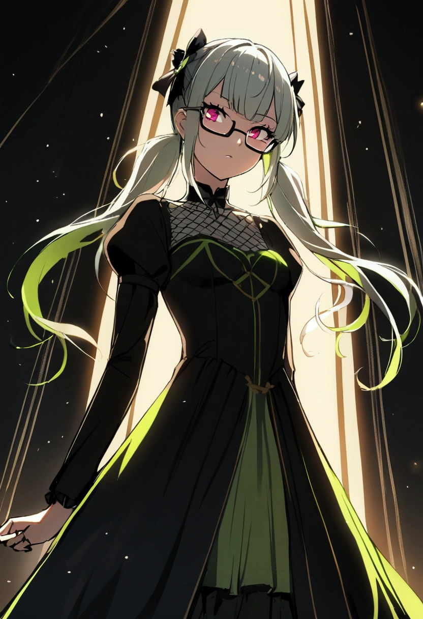 1girl with long lime hair, two pig tails, need glasses, slender body, flat breasts, Gothic dress, standinf