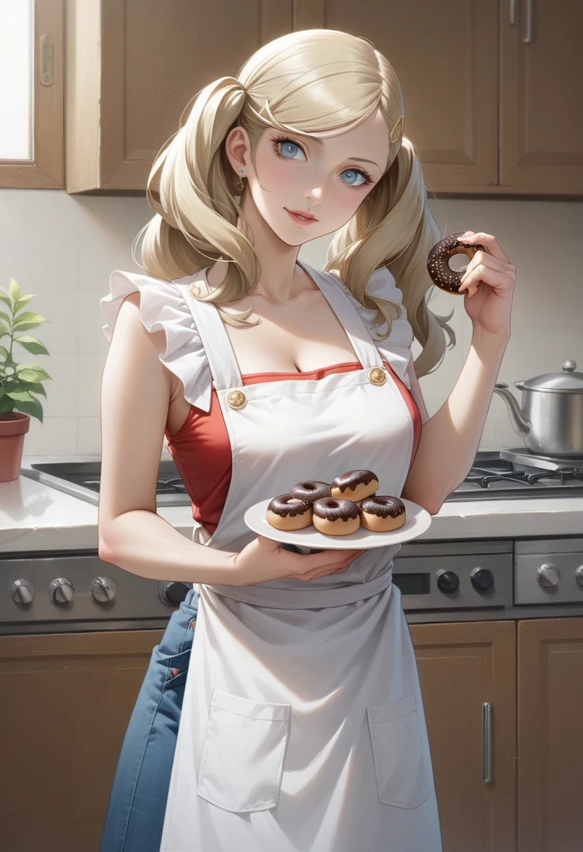 anime girl in apron holding a chocolate donut in a kitchen, ann takamaki from persona 5, seductive anime girl, painted in anime painter studio, marin kitagawa fanart, made with anime painter studio, anime girl named lucy, anime best girl, smooth anime cg art, ecchi anime style, anya from spy x family, blonde anime girl with long hair