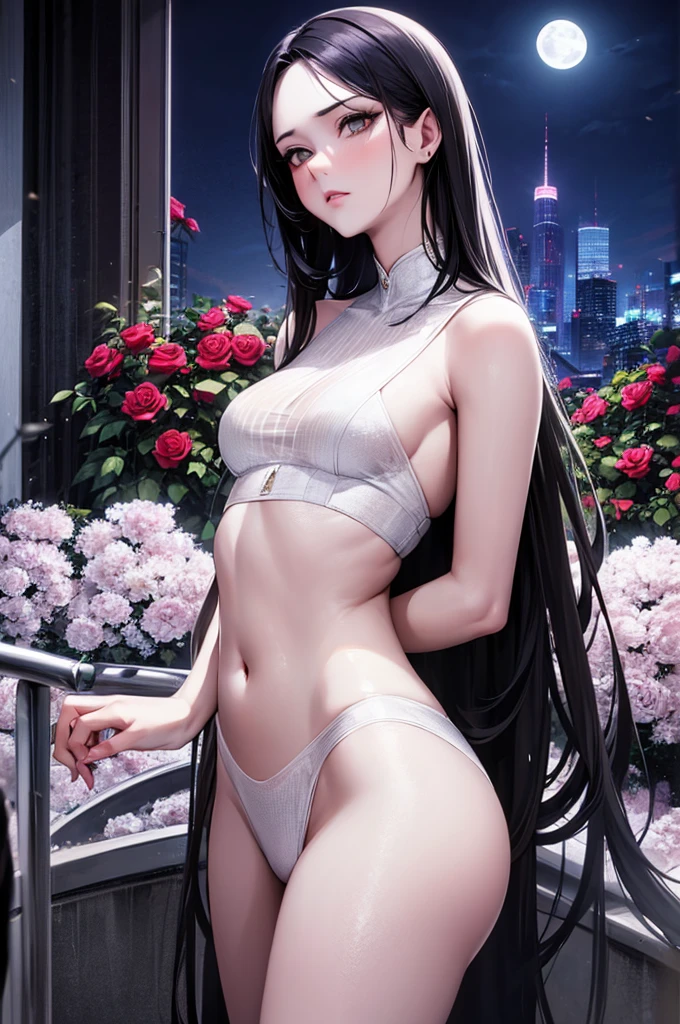 masterpiece, Highest quality, (alone focus), (Perfect Face:1.1), (Attention to detail:1.1),dramatic,1 person, (Pale skin), Long Hair, White eyes, alone, Long Hair, moon, night, White luxury suit, Covered navel, Pouting, Covered, Future City, Detailed Background, Artgerm Cinema Lighting, Roses and vines, fashion, Balenciaga Style