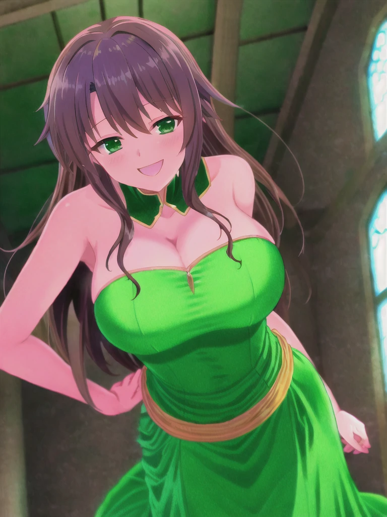 dynamic pose, cinematic angle, solo, kazuma satou, long brown hair, green eyes, large breasts, cleavage, smile, blush, happy face, long dress, wedding dress, church, 