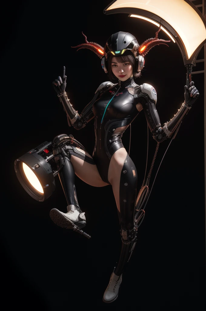 (masterpiece1.2),(best quality:1.2),(raw photo),ptp girl, solo,robot woman by cybernetic ludum dare,jumping,legs,boots,(light smile:0.85),looks at viewer,face to viewer,in the style of sci-fi baroque, (rococo_style headgear), translucent thin tubes linked with helmet,white,copper_color, glowing light,8k resolution, machine aesthetics, intricate detail, hyper-realistic sci-fi, futuristic organic,(high key lighting),the bodysuit composed of various translucent mechanical parts, H.R. Giger aesthetic,cyberpunk aesthetic. baroque xenomorph,dust in light,foggy,bokeh,kodak film,kodak portra 400,natural skin, true skin texture,