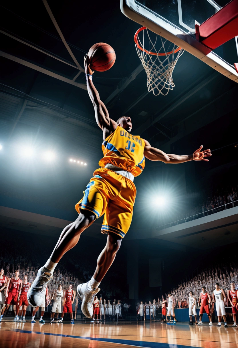 (Game-Winning Dunk), The basketball player dunks vigorously, and the strength is amplified at this moment. All movements slow down, leaving only the athlete's trajectory. The background is inside the gymnasium, full body, award-winning, cinematic still, emotional, vignette, dynamic, vivid, (masterpiece, best quality, Professional, perfect composition, very aesthetic, absurdres, ultra-detailed, intricate details:1.3)