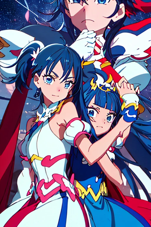 Split in the middle,Screen Split,Anime characters in a split image on a red and blue background, Gap Moe Yandere Grimdark, Anime Moe Art Style, From desire, The charming Ryuko Matoi, ryuko matoi, Devil Anime Girl, Favorite character, anime style like fate/Stay Night, Blue and Red, UFOTABLE art style, The battle between good and evil,Cure Sky,Dark Sky