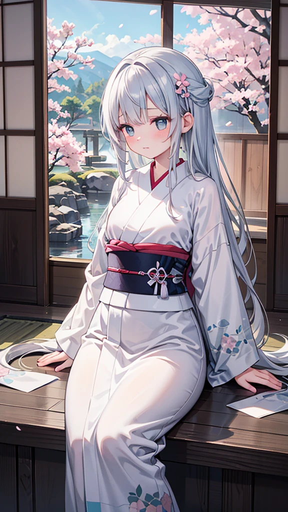 Create an image of a shy girl with silver hair and cyan eyes, looking down with a lack of confidence. Her hair is long and flowing, adorned with delicate silver hairpins. She is wearing a beautiful, intricate kimono with floral patterns, standing in a serene Japanese garden with cherry blossoms in the background. The camera angle is slightly from the side, capturing her delicate profile and the tranquil scenery. Ensure the image is a masterpiece with the best quality, very detailed, and very delicate.