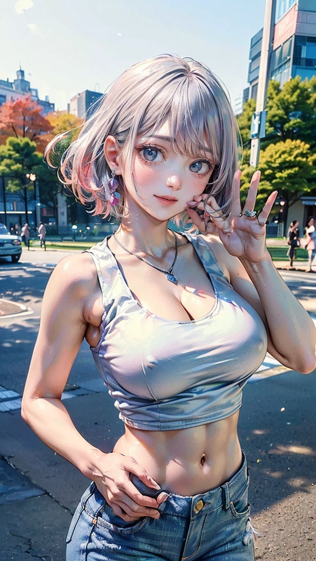 ((Highest quality, 8k, masterpiece :1.3)), (Sharp focus :1.2, Beautiful woman with perfect figure :1.4, Slim Abs :1.2), ((Big Breasts, Emphasize cleavage, The underboob is visible:1.3)), (Photorealistic:1.4), (realistic:1.4), (Pink Hair:1.5), Highly detailed face and skin texture, Fine grain, double eyelid. Makeup face, A little bit of lipstick, sex appeal, Sexy gravure pose, ((Japanese college student wearing a white tank top and jeans。Green park in the background。Waving at the camera with a bright smile、Pose with one hand on hip。Accessorize with a simple silver necklace。:1.3)