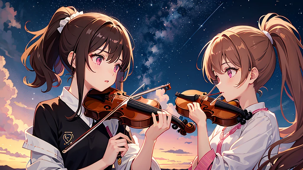 Brown Hair、ponytail、Pink Eyes、Girl playing the violin、Starry Sky