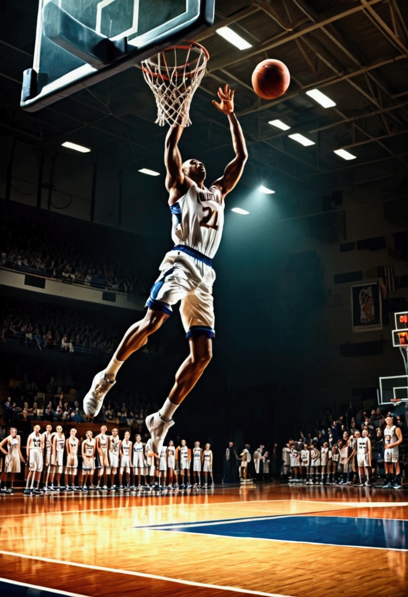 (Game-Winning Dunk), The basketball player dunks vigorously, and the strength is amplified at this moment. All movements slow down, leaving only the athlete's trajectory. The background is inside the gymnasium, full body, award-winning, cinematic still, emotional, vignette, dynamic, vivid, (masterpiece, best quality, Professional, perfect composition, very aesthetic, absurdres, ultra-detailed, intricate details:1.3)