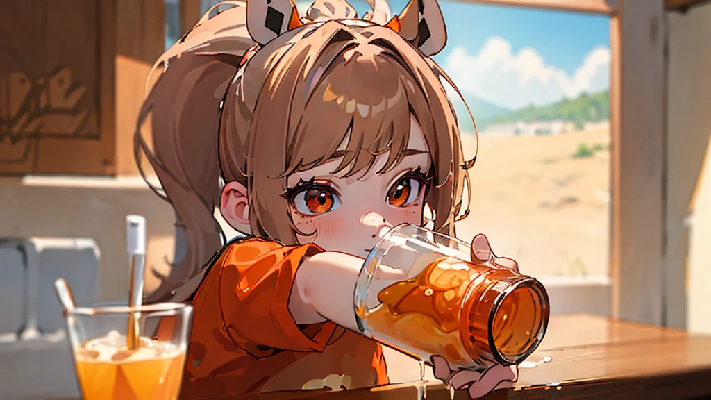 (Masterpiece,Highest quality),(Maximum details),1 woman,18 years old,Cute face,Long brown and orange hair,has brown dog ears,brown eyes,Ponytail,Half-body picture,Wear an orange t-shirt with a cute dog pattern.,Drinking water using one straw,Every picture is the same.