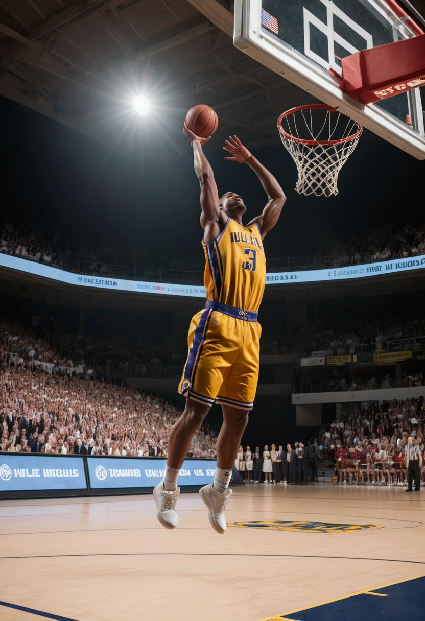(Game-Winning Dunk), The basketball player unfolded in the air, gripping the ball tightly with both hands, ready to shoot it into the basket with astonishing force. The opposing player looked up in despair, with the background being inside the gymnasium, where light was shining through the roof, full body, award-winning, cinematic still, emotional, vignette, dynamic, vivid, (masterpiece, best quality, Professional, perfect composition, very aesthetic, absurdres, ultra-detailed, intricate details:1.3)