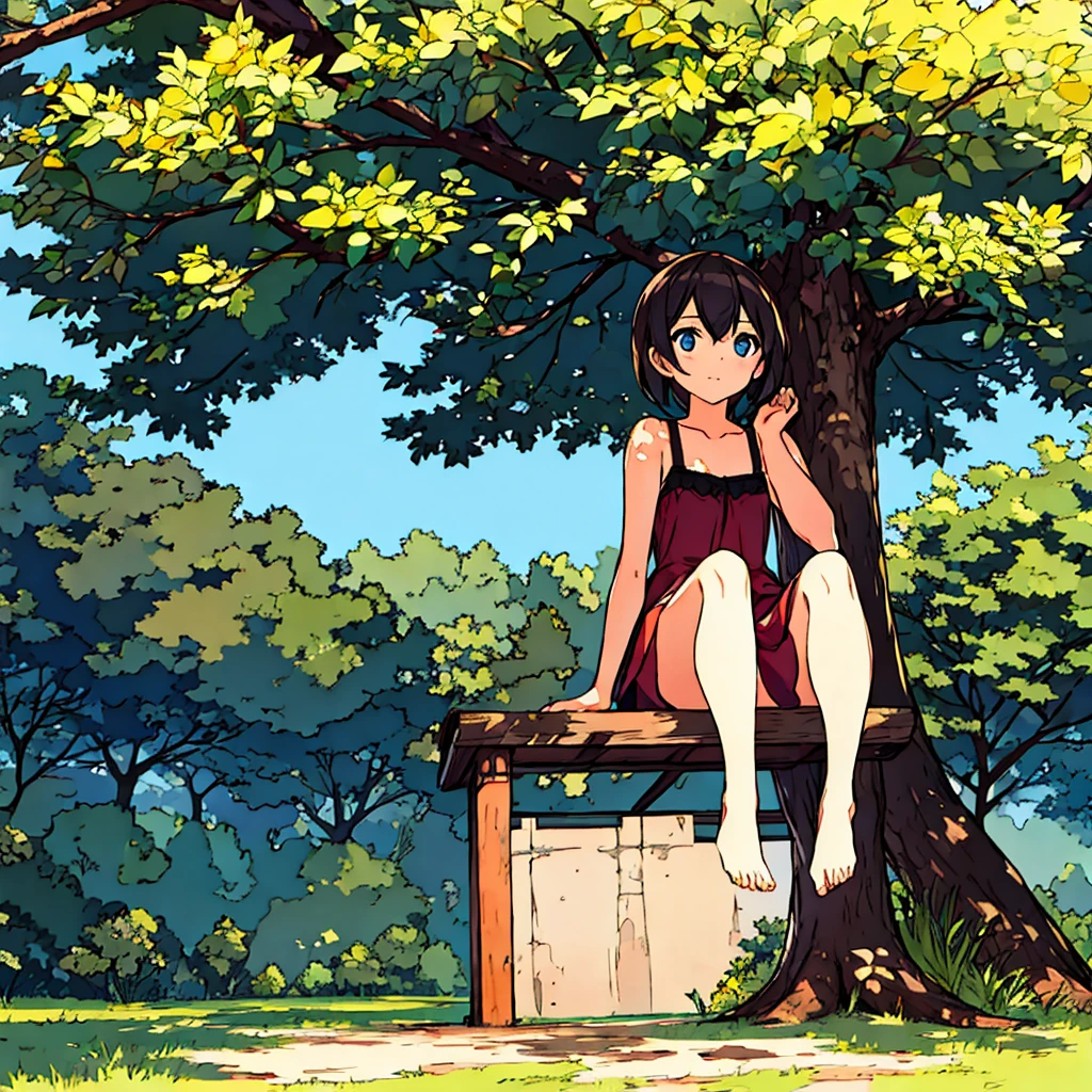 Plain background Girl sitting in the shade of a tree Summer Nostalgic