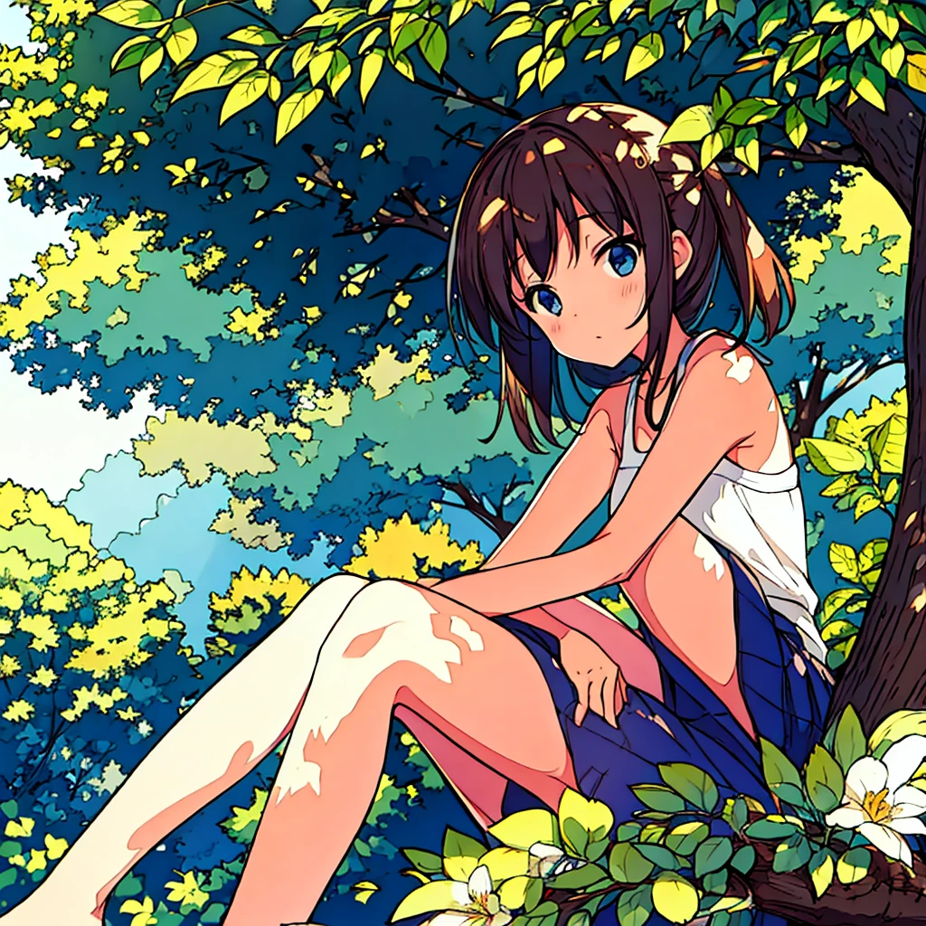 Plain background Girl sitting in the shade of a tree Summer Nostalgic