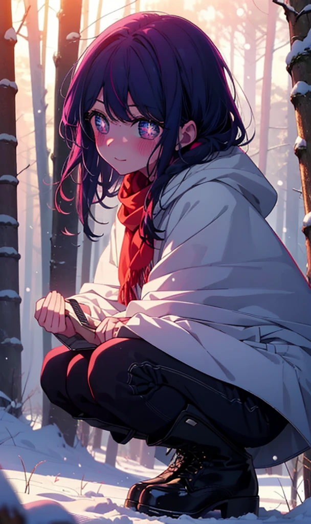 aihoshino, Ai Hoshino, Long Hair, bangs, (Purple eyes:1.1), Purple Hair, (Symbol-shaped pupil:1.5), smile,,smile,blush,white breath,
Open your mouth,snow,Ground bonfire, Outdoor, boots, snowing, From the side, wood, suitcase, Cape, Blurred, , forest, White handbag, nature,  Squat, Mouth closed, Cape, winter, Written boundary depth, Black shoes, red Cape break looking at viewer, Upper Body, whole body, break Outdoor, forest, nature, break (masterpiece:1.2), Highest quality, High resolution, unity 8k wallpaper, (shape:0.8), (Beautiful and beautiful eyes:1.6), Highly detailed face, Perfect lighting, Extremely detailed CG, (Perfect hands, Perfect ???????),
