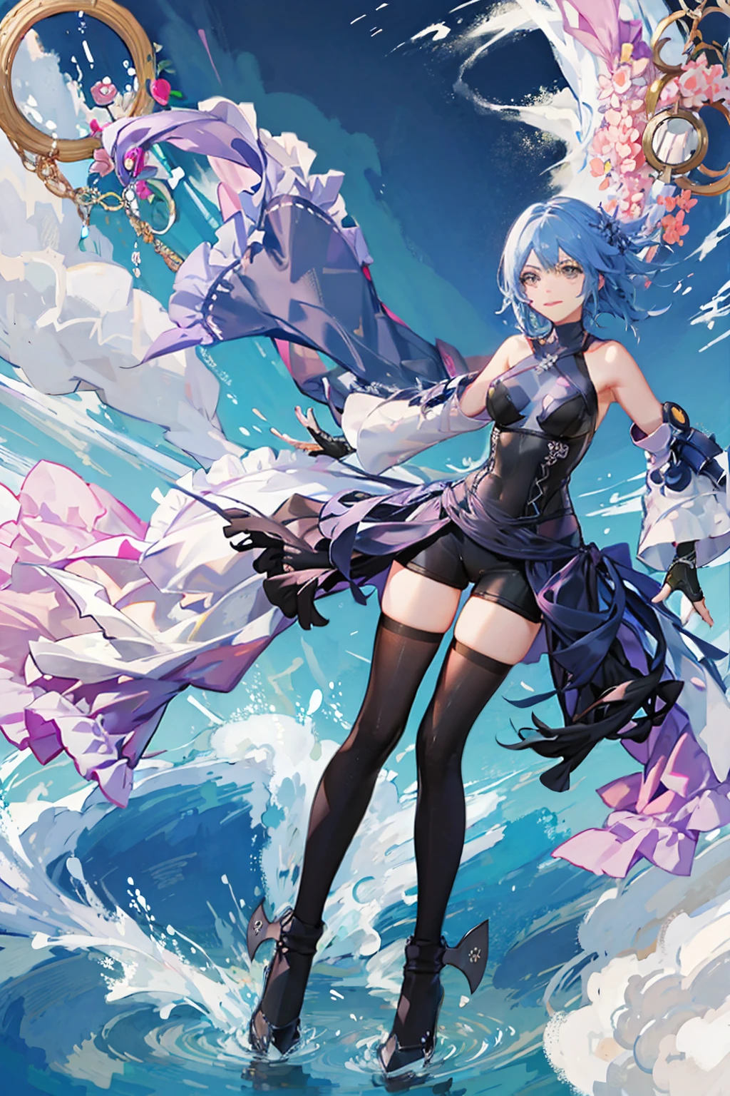 ((Full body photo, standing, feet on the ground)) aaaqua, 1girl, absurdres, close up, masterpiece, blue eyes, blue hair, breasts, chest strap, elbow gloves, gloves, pink ribbons, highres, (skirt), (kingdom hearts), looking at viewer, transparent water floor, smile, solo, clear sky, open field, empty background, wide sleeves, medium breasts, detatched sleeves, black shorts , fingerless gloves, light background, (thighhighs), portrait, view from the front, upper body